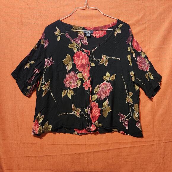 1990s Sheer Black Mesh Floral Rose Print Faux Button Blouse Sz Large / One Size - Picture 1 of 9